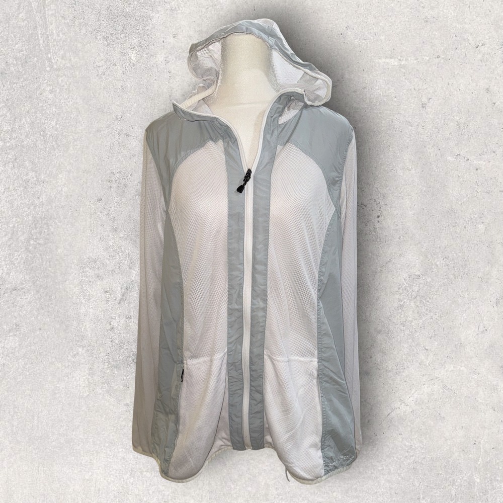 ExOfficio Insect Shield Mesh Hooded Jacket Womens Medium Gray White Full Zip